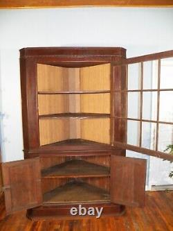 Antique Corner Cupboard Cabinet 12 Pane Divided Glass Door