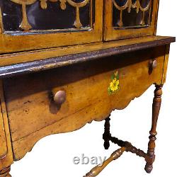 Antique Country Farmhouse Carved Maple Curio Bookcase Cabinet with Floral Motif