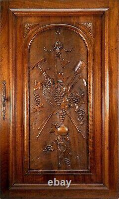 Antique Country French HC Walnut Wood Cabinet Door w Lock, Key, 33.5 x 23.5
