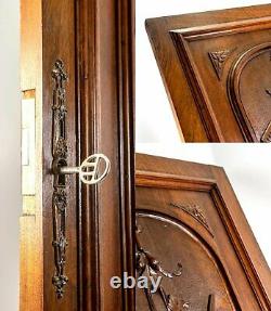 Antique Country French HC Walnut Wood Cabinet Door w Lock, Key, 33.5 x 23.5