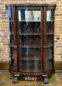 Antique Curved Glass China Curio Cabinet Shelf Tiger Oak Solid Wood Claw Feet