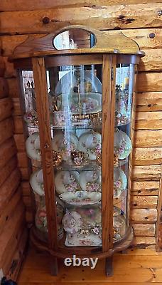 Antique Curved Glass China Curio Lighted Cabinet Shelf Solid Oak