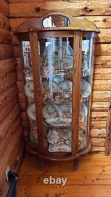 Antique Curved Glass China Curio Lighted Cabinet Shelf Solid Oak