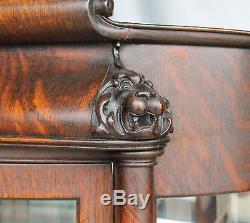 Antique Curved Glass Oak China Cabinet carved lion heads claw feet