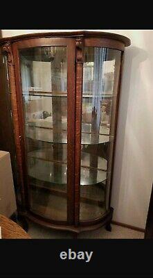 Antique Dark Oak Tiger Wood Lion Head Curved Glass Curio China Cabinet