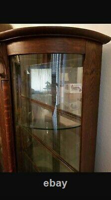 Antique Dark Oak Tiger Wood Lion Head Curved Glass Curio China Cabinet