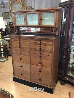Antique Dental Cabinet Medical Storage Apothecary 22 Drawers Etched Glass Doors