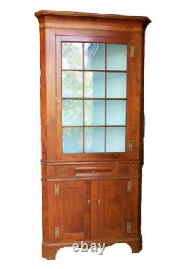 Antique Early American Tiger Maple Glass Door Corner Cupboard
