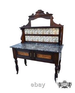 Antique Edwardian Style Walnut/Burl Marble Top Cabinet withTile & Mirrored Back