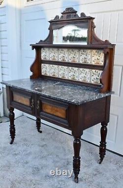 Antique Edwardian Style Walnut/Burl Marble Top Cabinet withTile & Mirrored Back