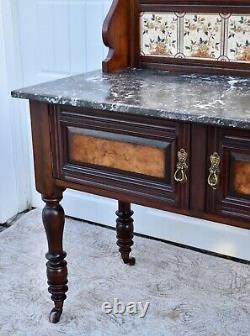 Antique Edwardian Style Walnut/Burl Marble Top Cabinet withTile & Mirrored Back