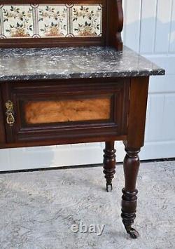 Antique Edwardian Style Walnut/Burl Marble Top Cabinet withTile & Mirrored Back