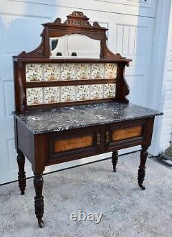 Antique Edwardian Style Walnut/Burl Marble Top Cabinet withTile & Mirrored Back