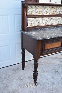 Antique Edwardian Style Walnut/Burl Marble Top Cabinet withTile & Mirrored Back