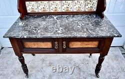 Antique Edwardian Style Walnut/Burl Marble Top Cabinet withTile & Mirrored Back