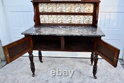 Antique Edwardian Style Walnut/Burl Marble Top Cabinet withTile & Mirrored Back