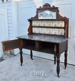 Antique Edwardian Style Walnut/Burl Marble Top Cabinet withTile & Mirrored Back