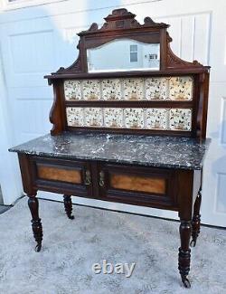 Antique Edwardian Style Walnut/Burl Marble Top Cabinet withTile & Mirrored Back