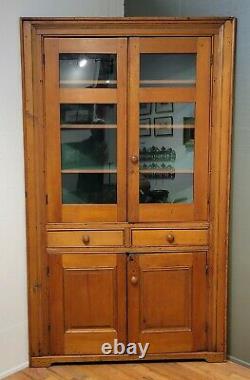 Antique English 1840s Pine Corner Cabinet Glass Doors and Painted Green Interior