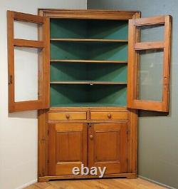 Antique English 1840s Pine Corner Cabinet Glass Doors and Painted Green Interior