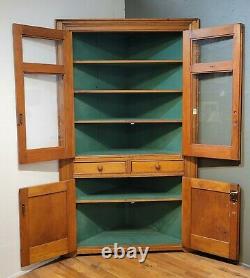 Antique English 1840s Pine Corner Cabinet Glass Doors and Painted Green Interior