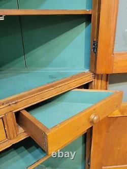 Antique English 1840s Pine Corner Cabinet Glass Doors and Painted Green Interior