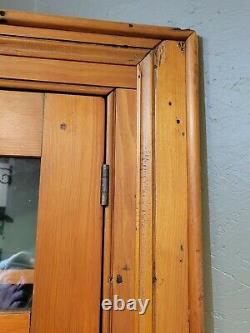 Antique English 1840s Pine Corner Cabinet Glass Doors and Painted Green Interior