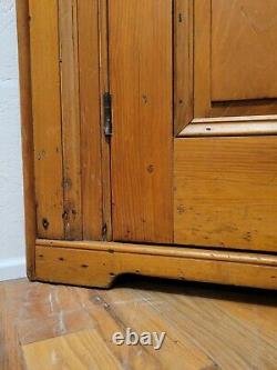 Antique English 1840s Pine Corner Cabinet Glass Doors and Painted Green Interior