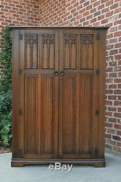 Antique English Armoire Wardrobe Clothes Linen Closet Jacobean Tudor Cabinet Oak