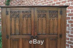 Antique English Armoire Wardrobe Clothes Linen Closet Jacobean Tudor Cabinet Oak