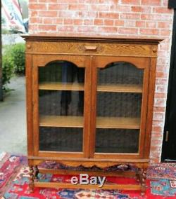 Antique English Barley Twist Oak 2 Glass Door Bookcase / Display Cabinet