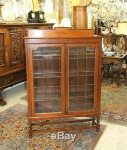 Antique English Barley Twist Oak 2 Leaded Glass Door Bookcase / Display Cabinet