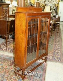Antique English Barley Twist Oak 2 Leaded Glass Door Bookcase / Display Cabinet