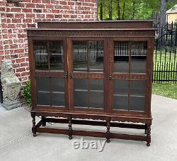 Antique English Bookcase Cabinet 3 Door Jacobean Style Barley Twist Oak c. 1920s