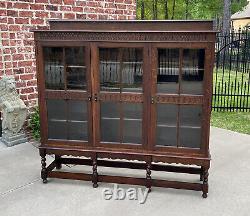 Antique English Bookcase Cabinet 3 Door Jacobean Style Barley Twist Oak c. 1920s