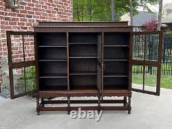 Antique English Bookcase Cabinet 3 Door Jacobean Style Barley Twist Oak c. 1920s