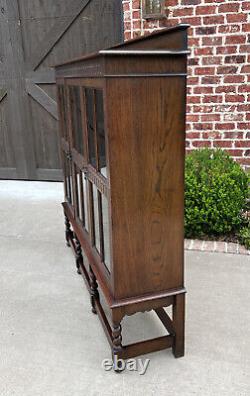 Antique English Bookcase Cabinet 3 Door Jacobean Style Barley Twist Oak c. 1920s