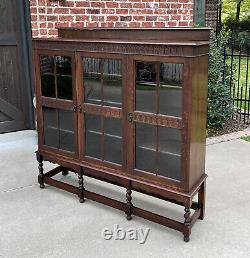 Antique English Bookcase Cabinet 3 Door Jacobean Style Barley Twist Oak c. 1920s