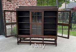 Antique English Bookcase Cabinet 3 Door Jacobean Style Barley Twist Oak c. 1920s