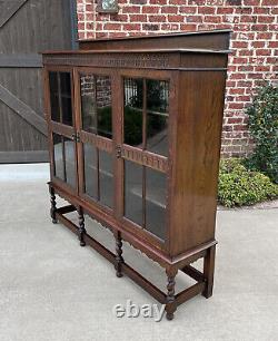 Antique English Bookcase Cabinet 3 Door Jacobean Style Barley Twist Oak c. 1920s