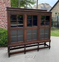 Antique English Bookcase Cabinet 3 Door Jacobean Style Barley Twist Oak c. 1920s