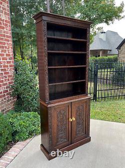 Antique English Bookcase Display Shelf Cabinet Two-Piece Carved Oak c. 1920s