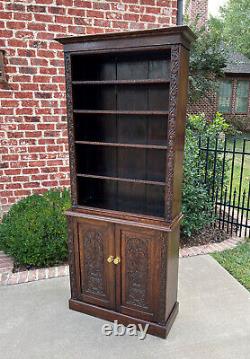 Antique English Bookcase Display Shelf Cabinet Two-Piece Carved Oak c. 1920s