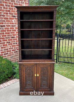 Antique English Bookcase Display Shelf Cabinet Two-Piece Carved Oak c. 1920s