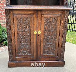 Antique English Bookcase Display Shelf Cabinet Two-Piece Carved Oak c. 1920s