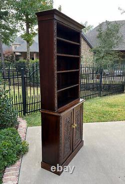 Antique English Bookcase Display Shelf Cabinet Two-Piece Carved Oak c. 1920s