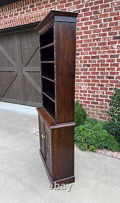 Antique English Bookcase Display Shelf Cabinet Two-Piece Carved Oak c. 1920s