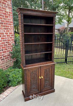 Antique English Bookcase Display Shelf Cabinet Two-Piece Carved Oak c. 1920s