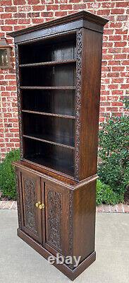 Antique English Bookcase Display Shelf Cabinet Two-Piece Carved Oak c. 1920s