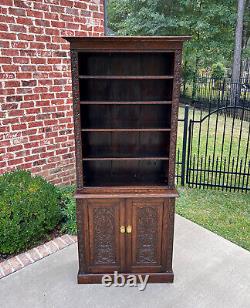 Antique English Bookcase Display Shelf Cabinet Two-Piece Carved Oak c. 1920s